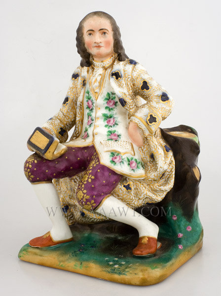 Porcelain Figure of Voltaire, French Philosopher, Statesman
Francois Marie
Hand Painted and Gilded
Continental, anonymous
Late 19th or early 20th Century, entire view